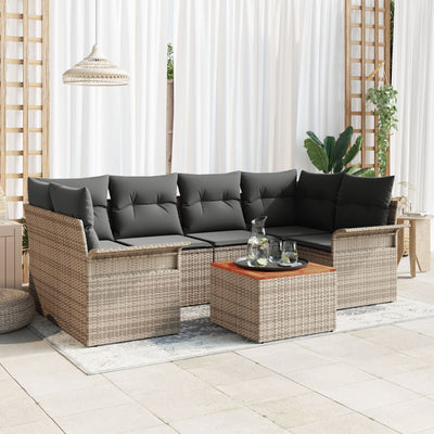 7 Piece Garden Sofa Set with Cushions Grey Poly Rattan Acacia