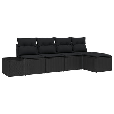 5 Piece Garden Sofa Set with Cushions Black Poly Rattan