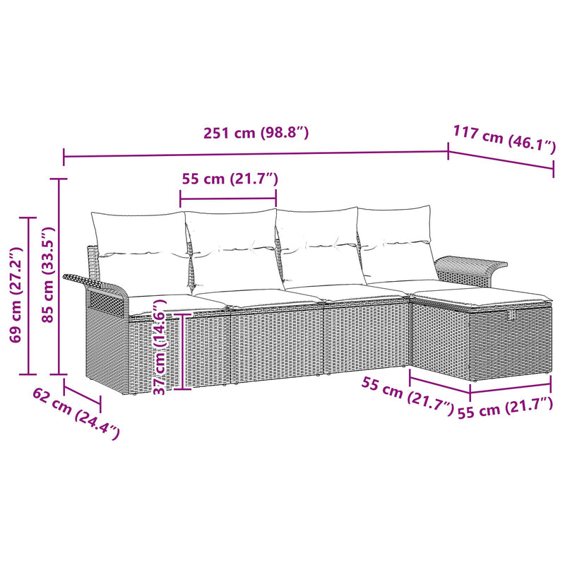 5 Piece Garden Sofa Set with Cushions Grey Poly Rattan
