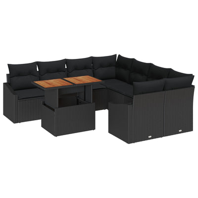 9 Piece Garden Sofa Set with Cushions Black Poly Rattan