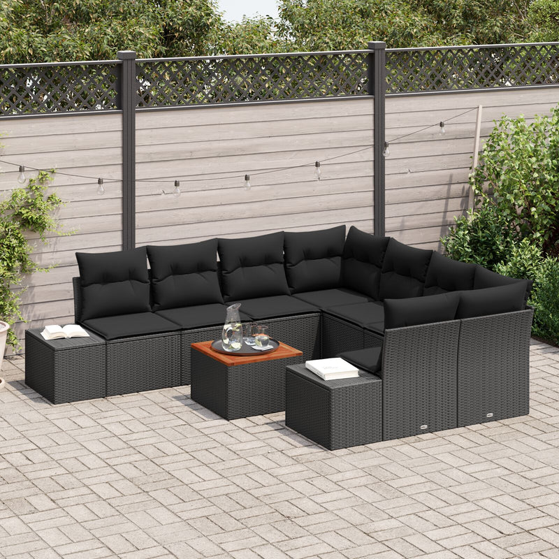 9 Piece Garden Sofa Set with Cushions Black Poly Rattan Acacia