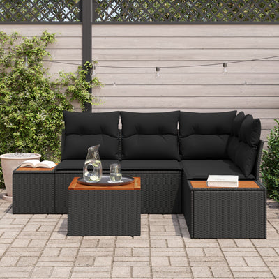 5 Piece Garden Sofa Set with Cushions Black Poly Rattan Acacia