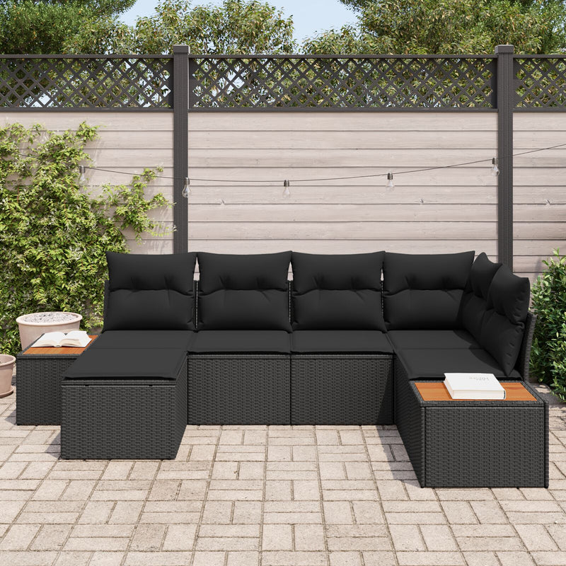 6 Piece Garden Sofa Set with Cushions Black Poly Rattan Acacia