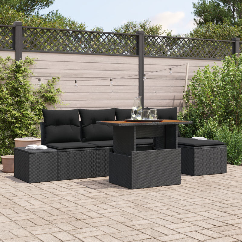 6 Piece Garden Sofa Set with Cushions Black Poly Rattan