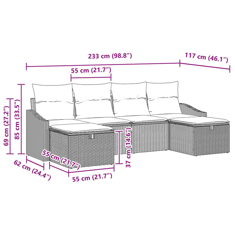 6 Piece Garden Sofa Set with Cushions Grey Poly Rattan