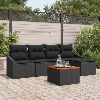 6 Piece Garden Sofa Set with Cushions Black Poly Rattan Acacia