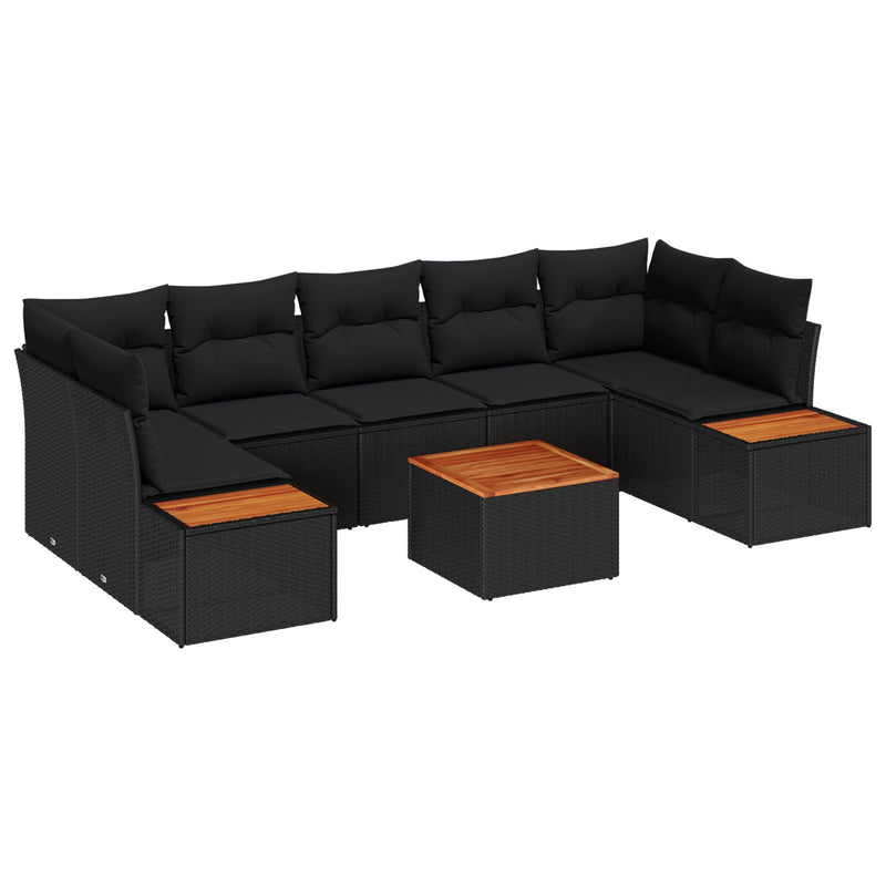 8 Piece Garden Sofa Set with Cushions Black Poly Rattan Acacia