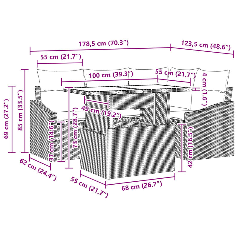 5 Piece Garden Sofa Set with Cushions Grey Poly Rattan