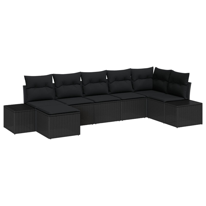 7 Piece Garden Sofa Set with Cushions Black Poly Rattan