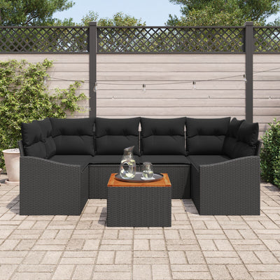 7 Piece Garden Sofa Set with Cushions in Black Poly Rattan and Acacia