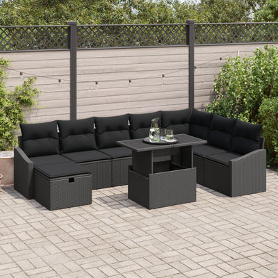 9 Piece Garden Sofa Set with Cushions Black Poly Rattan