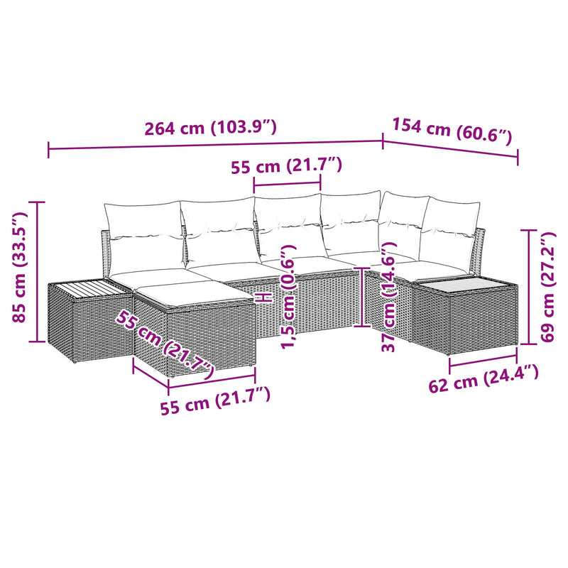 6 Piece Garden Sofa Set with Cushions Black Poly Rattan Acacia