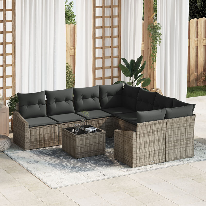 9 Piece Garden Sofa Set with Cushions Grey Poly Rattan
