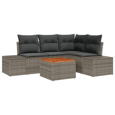 5 Piece Garden Sofa Set with Cushions Grey Poly Rattan Acacia