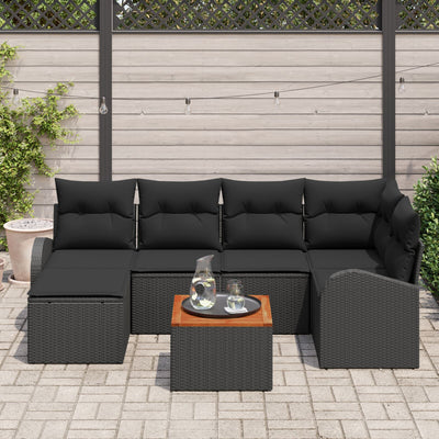 7 Piece Garden Sofa Set with Cushions Black Poly Rattan Acacia