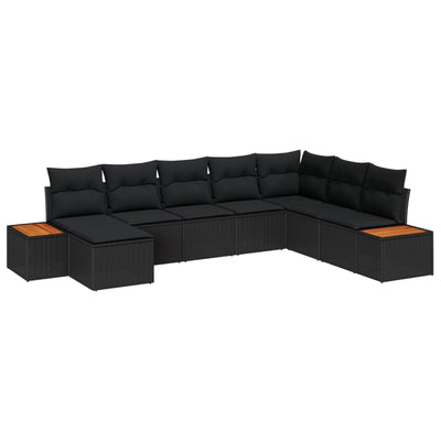 8 Piece Garden Sofa Set with Cushions Black Poly Rattan Acacia