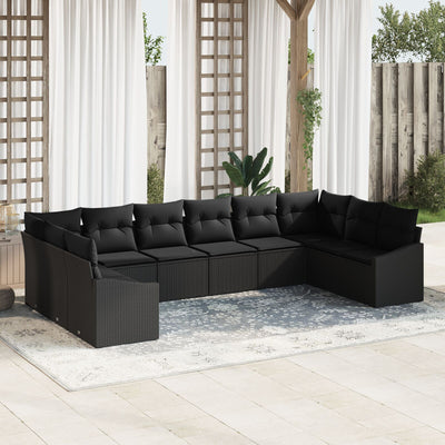 10 Piece Garden Sofa Set with Cushions Black Poly Rattan