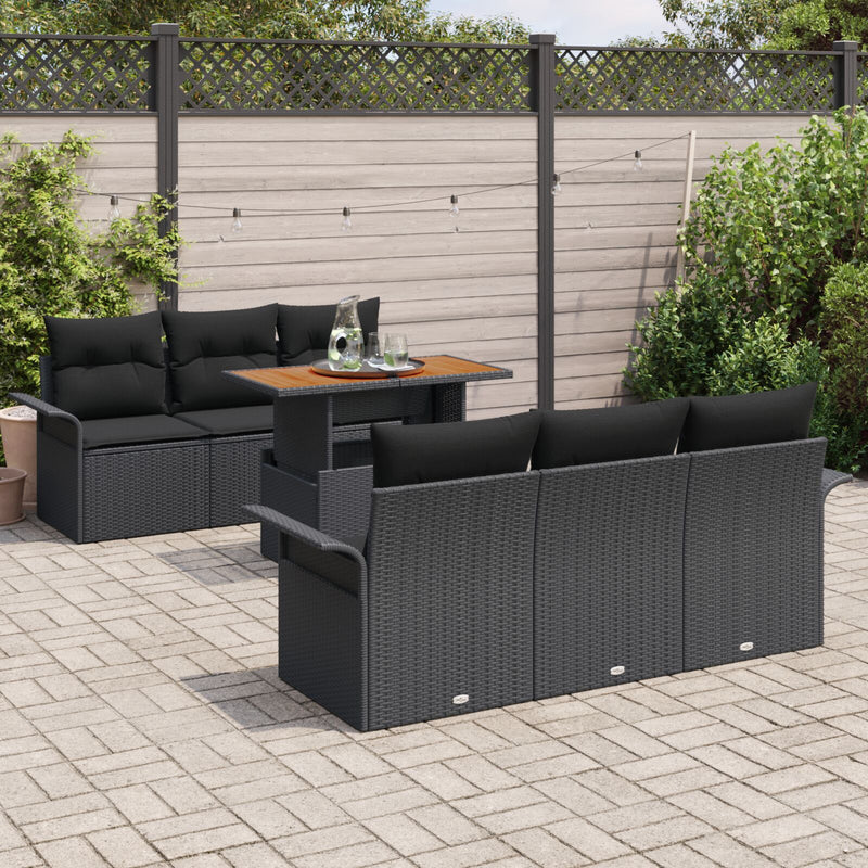 7 Piece Garden Sofa Set with Cushions Black Poly Rattan Acacia