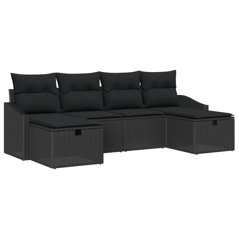 6 Piece Garden Sofa Set with Cushions Black Poly Rattan