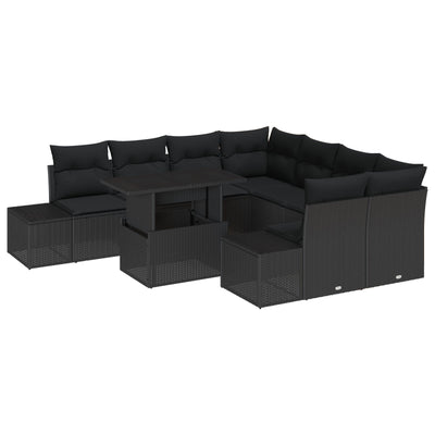9 Piece Garden Sofa Set with Cushions Black Poly Rattan