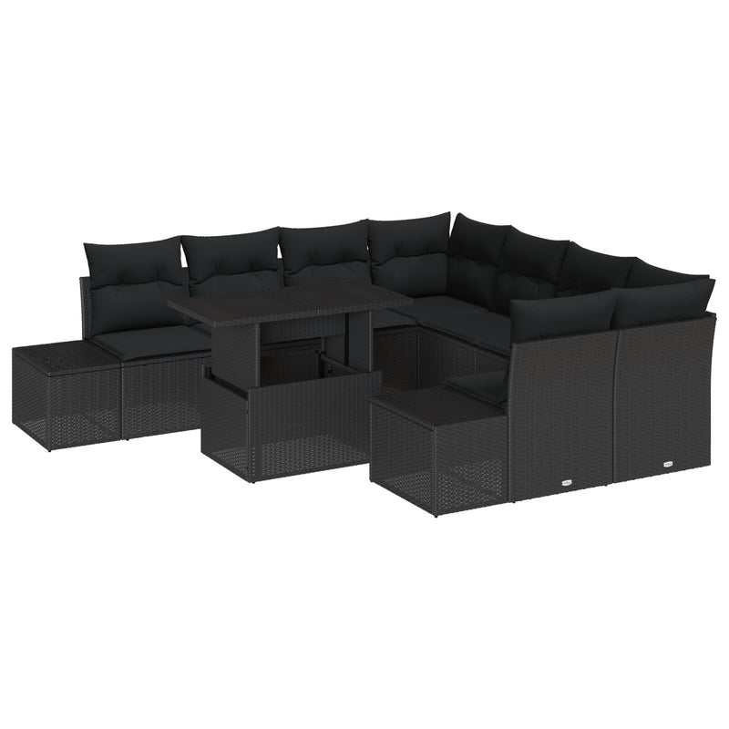 9 Piece Garden Sofa Set with Cushions Black Poly Rattan