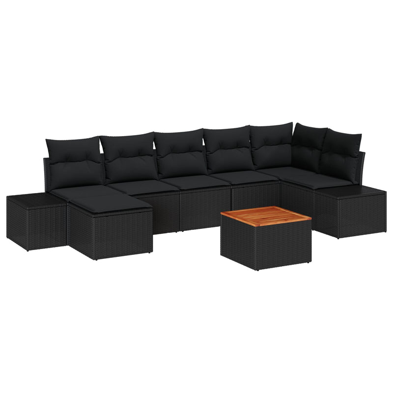 8 Piece Garden Sofa Set with Cushions Black Poly Rattan Acacia