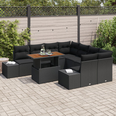 9 Piece Garden Sofa Set with Cushions Black Poly Rattan