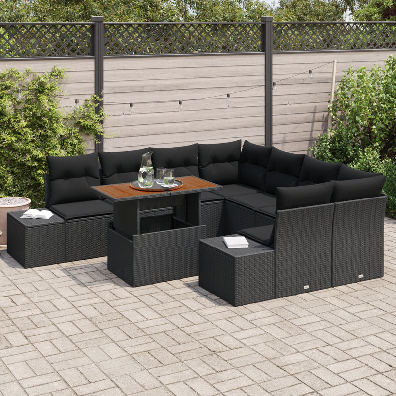 9 Piece Garden Sofa Set with Cushions Black Poly Rattan