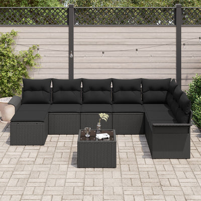 9 Piece Garden Sofa Set with Cushions Black Poly Rattan