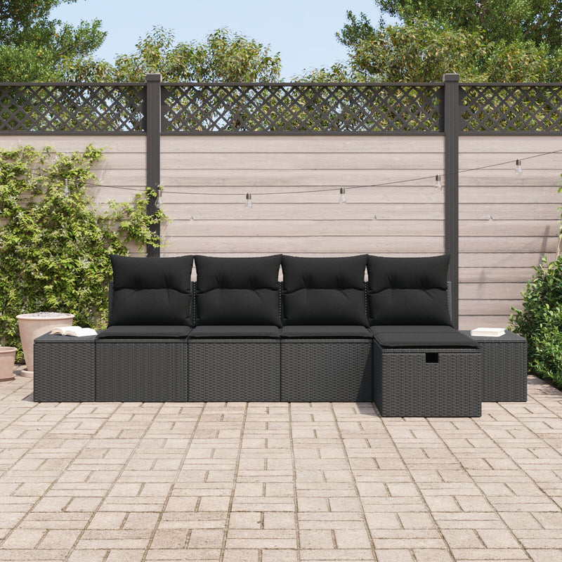 5 Piece Garden Sofa Set with Cushions Black Poly Rattan