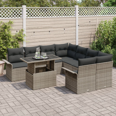 9 Piece Garden Sofa Set with Cushions Grey Poly Rattan