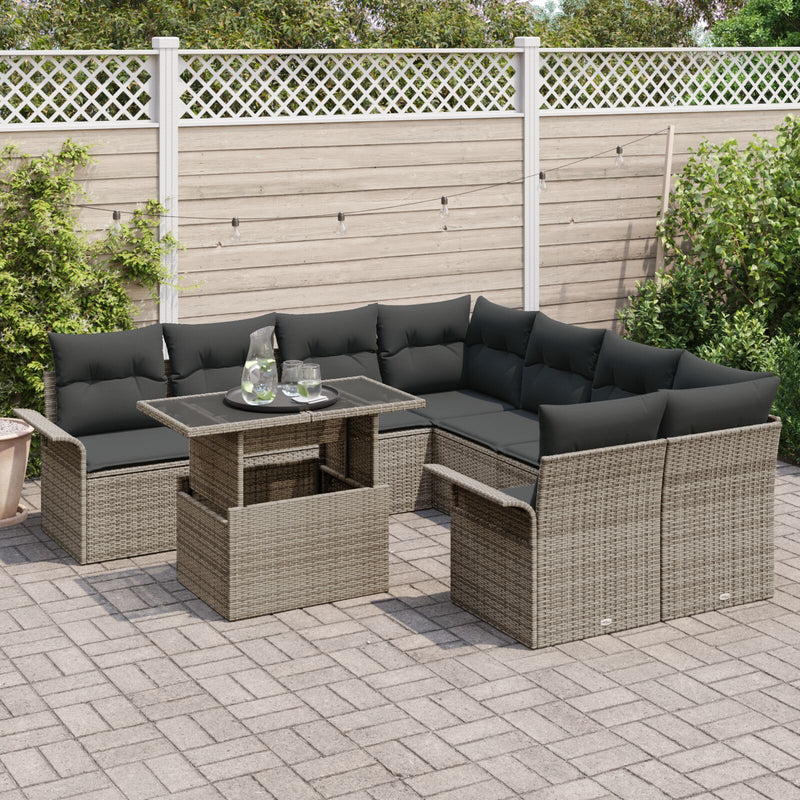 9 Piece Garden Sofa Set with Cushions Grey Poly Rattan