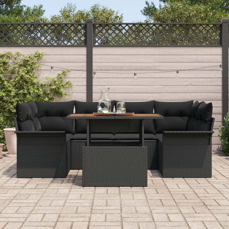7 Piece Garden Sofa Set with Cushions Black Poly Rattan Acacia