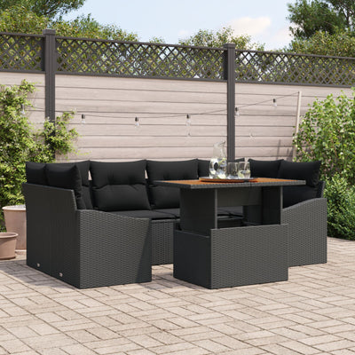 7 Piece Garden Couch Set with Cushions Black Poly Rattan