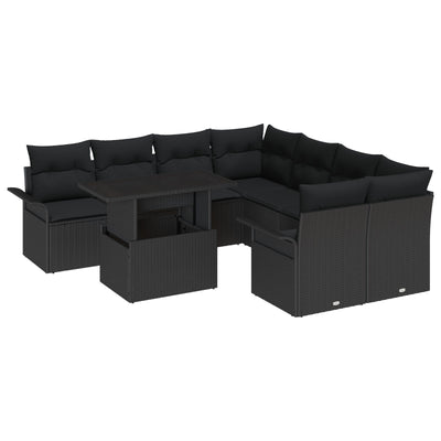 9 Piece Garden Couch Set with Cushions Black Poly Rattan