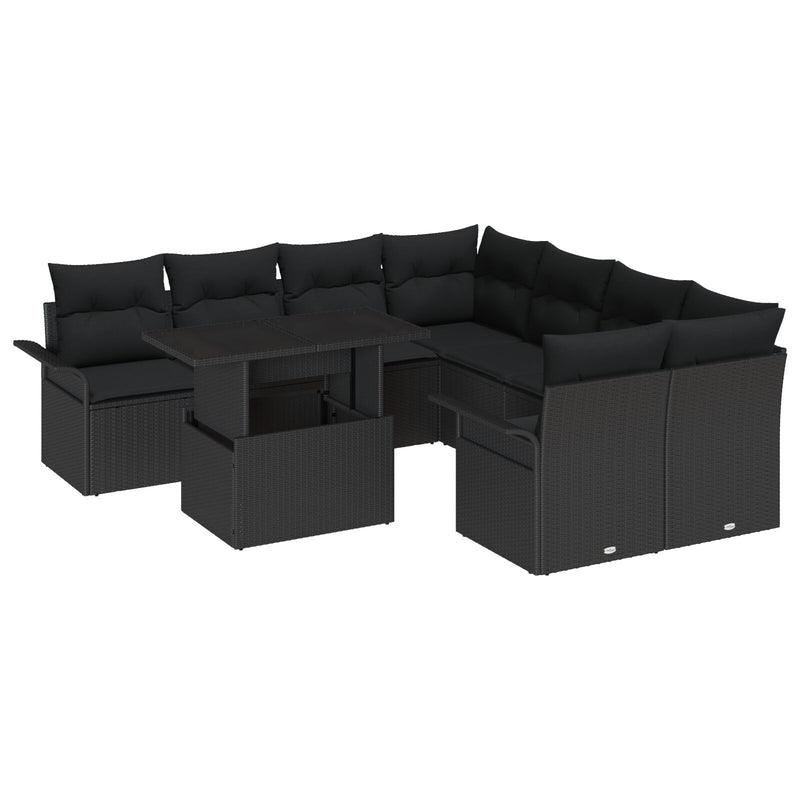 9 Piece Garden Couch Set with Cushions Black Poly Rattan