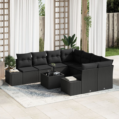 9 Piece Garden Sofa Set with Cushions Black Poly Rattan