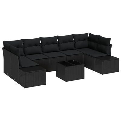 8 Piece Garden Sofa Set with Cushions Black Poly Rattan