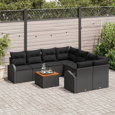 9 Piece Garden Sofa Set with Cushions Black Poly Rattan Acacia