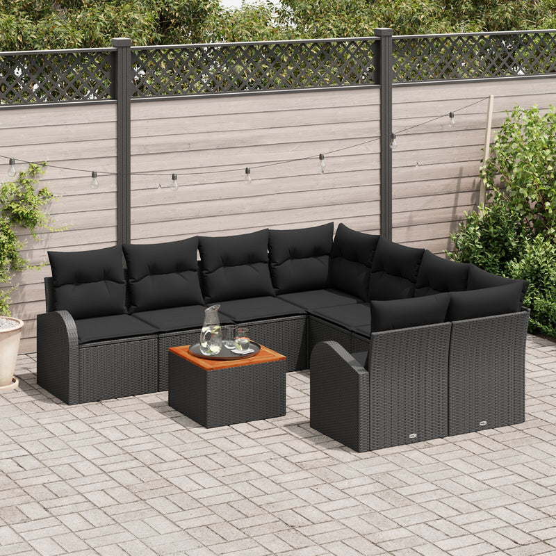 9 Piece Garden Sofa Set with Cushions Black Poly Rattan Acacia
