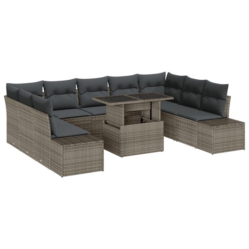 10 Piece Garden Sofa Set with Cushions Grey Poly Rattan