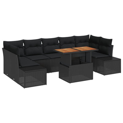 8 Piece Garden Sofa Set with Cushions Black Poly Rattan
