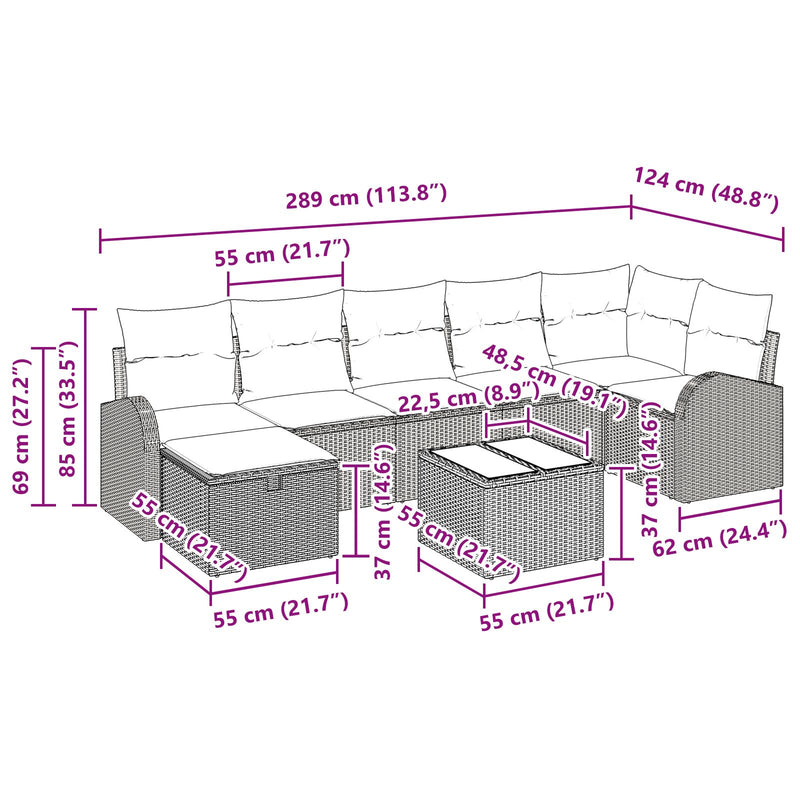 8 Piece Garden Sofa Set with Cushions Black Poly Rattan