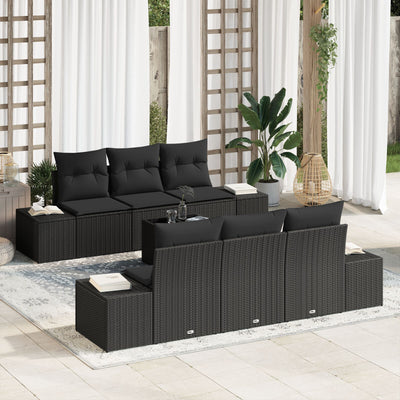 7 Piece Garden Sofa Set with Cushions Black Poly Rattan