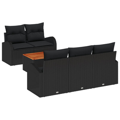 6 Piece Garden Sofa Set with Cushions Black Poly Rattan Acacia