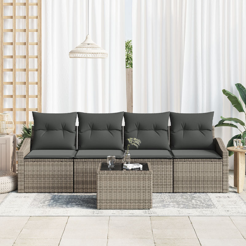 5 Piece Garden Sofa Set with Cushions Grey Poly Rattan