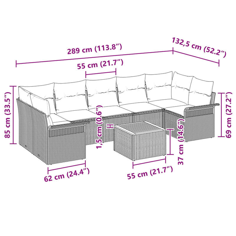 8 Piece Garden Sofa Set with Cushions Grey Poly Rattan Acacia