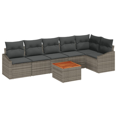 7 Piece Garden Sofa Set with Cushions Grey Poly Rattan Acacia