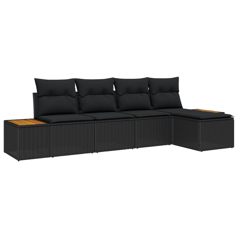 5 Piece Garden Sofa Set with Cushions Black Poly Rattan Acacia