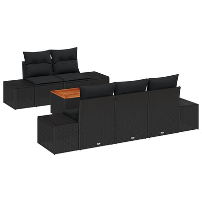 6 Piece Garden Sofa Set with Cushions Black Poly Rattan Acacia